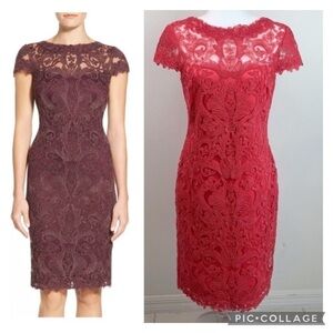 Tadashi Soji designer lace sheath dress cap sleeves illusion neck and back EUC